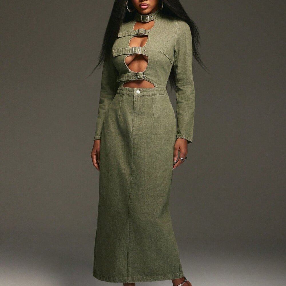 Green Casual Women's Long Sleeve Fitted Maxi Cargo Dress with Buckle Zipper - Picture 5 of 5